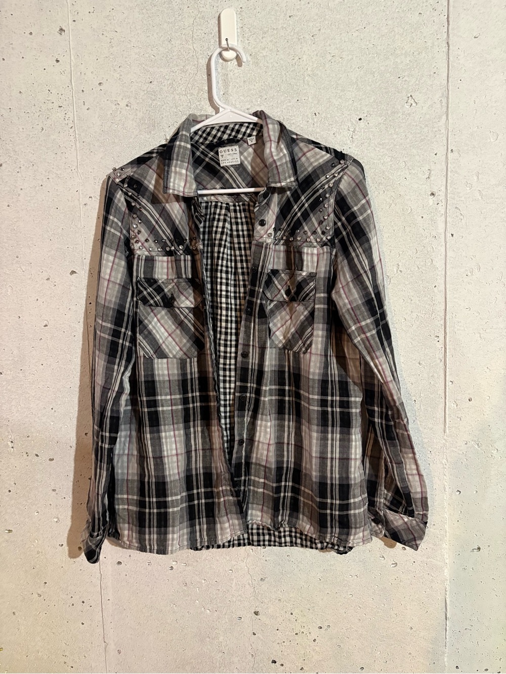 GUESS Women's Black & Grey Plaid Studded/Rhinestone Button-Down Shirt